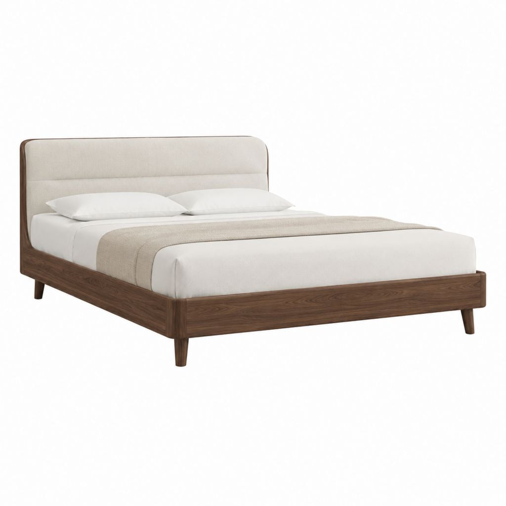 Lit double avec cadre en noyer massif et tête de lit capitonnée beige pour matelas 160 x 200 cm