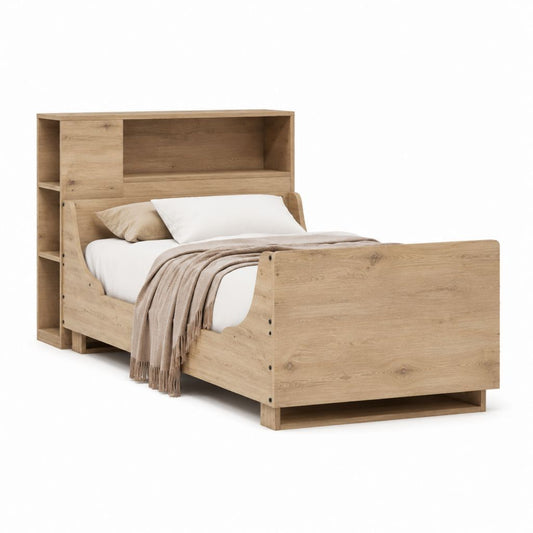 Lit simple 90 x 200 cm chêne clair en panneaux de particules avec tête de lit rangement