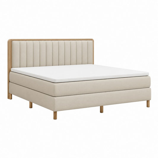 Lit double capitonné beige en polyester et bois massif 160 x 200 cm