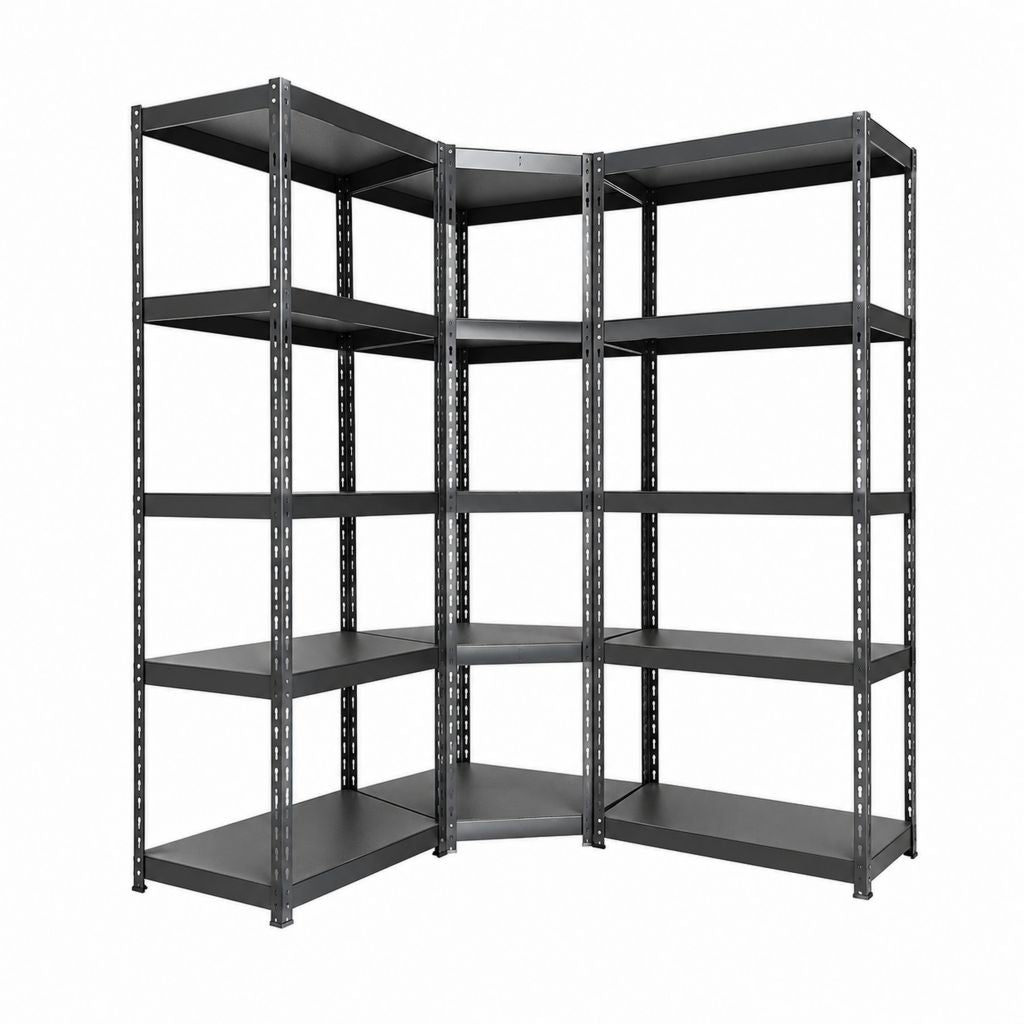 Étagère d’angle sur pied 3 éléments noire en acier 180 x 180 x 40 cm avec 15 tablettes