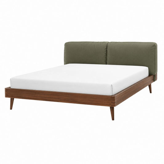 Cadre de lit double 160 x 200 cm noyer et vert olive avec tête de lit rembourrée