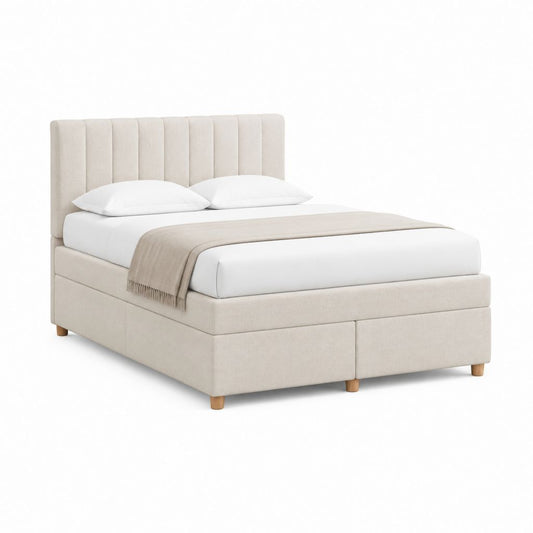 Lit coffre 160 x 200 cm beige en polyester avec tête de lit capitonnée