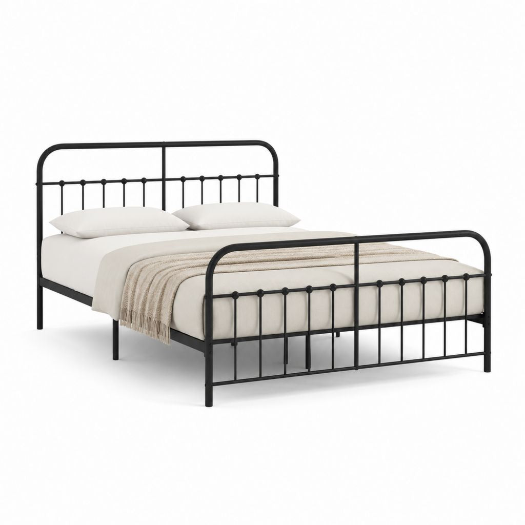 Cadre de lit double 140 x 190 cm noir en acier avec tête et pied de lit à barreaux