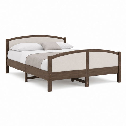 Cadre de lit double 160 x 200 cm brun foncé en bois d'hévéa avec panneaux en polyester beige