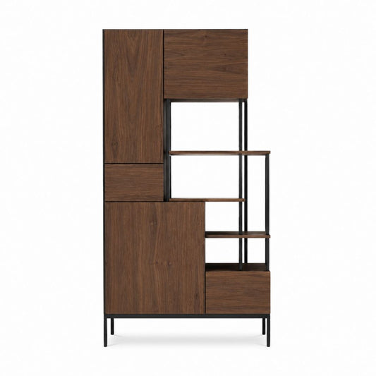 Bibliothèque sur pied rectangulaire noyer et noir en MDF plaqué noyer et acier 90 x 35 x 200 cm