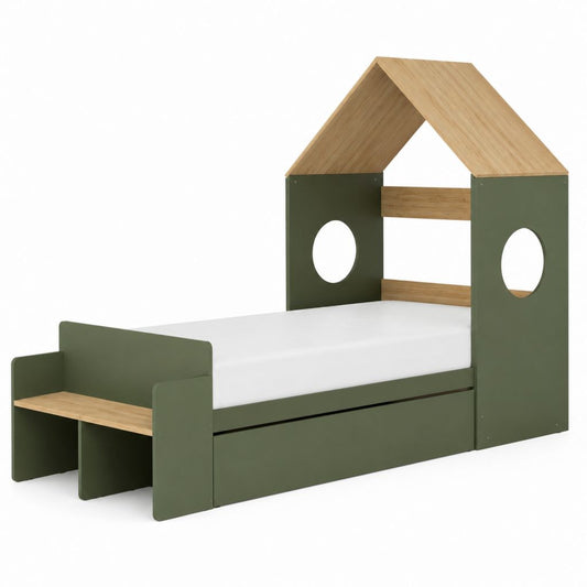Lit enfant cabane vert olive et chêne en panneaux MDF 90 x 200 cm