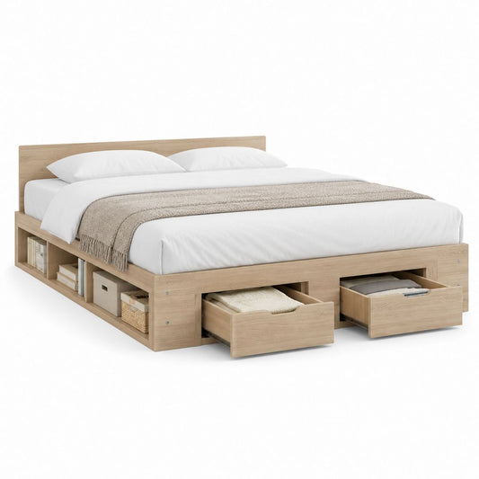 Lit double 160 x 200 cm avec rangement chêne clair en panneaux de particules mélaminés