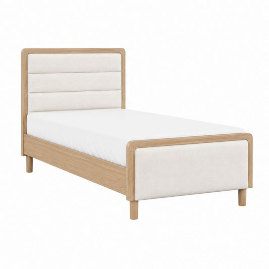 Lit simple en chêne massif naturel avec panneaux capitonnés beige 90 x 190 cm