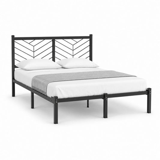 Cadre de lit double 140 x 190 cm noir en acier avec tête de lit à chevrons