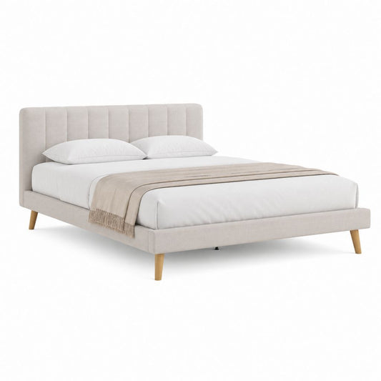 Lit double 160 x 200 cm beige en polyester avec tête de lit capitonnée et pieds en bois massif