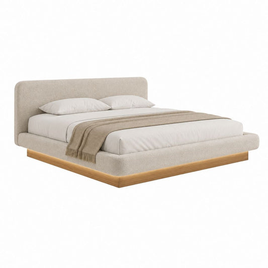 Lit double capitonné beige en polyester avec cadre effet chêne 160 x 200 cm