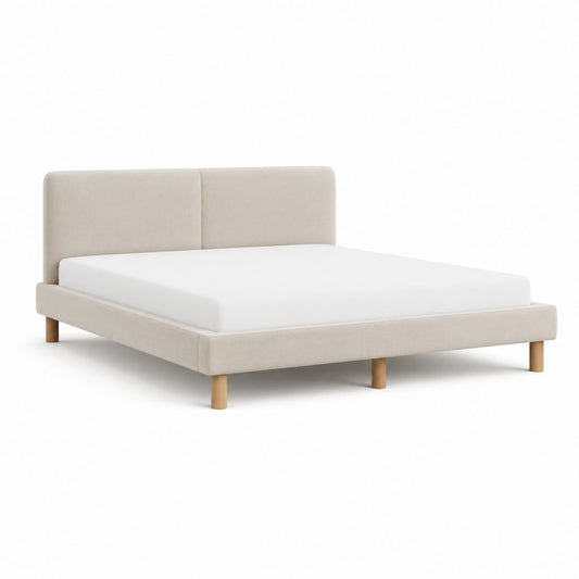 Lit double avec cadre beige en polyester et pieds en bois massif 160 x 200 cm