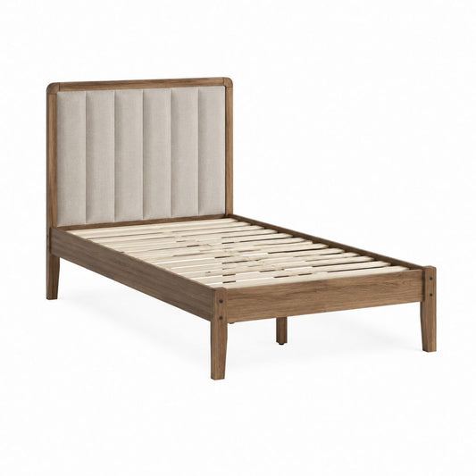 Lit simple avec sommier à lattes tête de lit capitonnée beige et structure décor chêne 90 x 190 cm