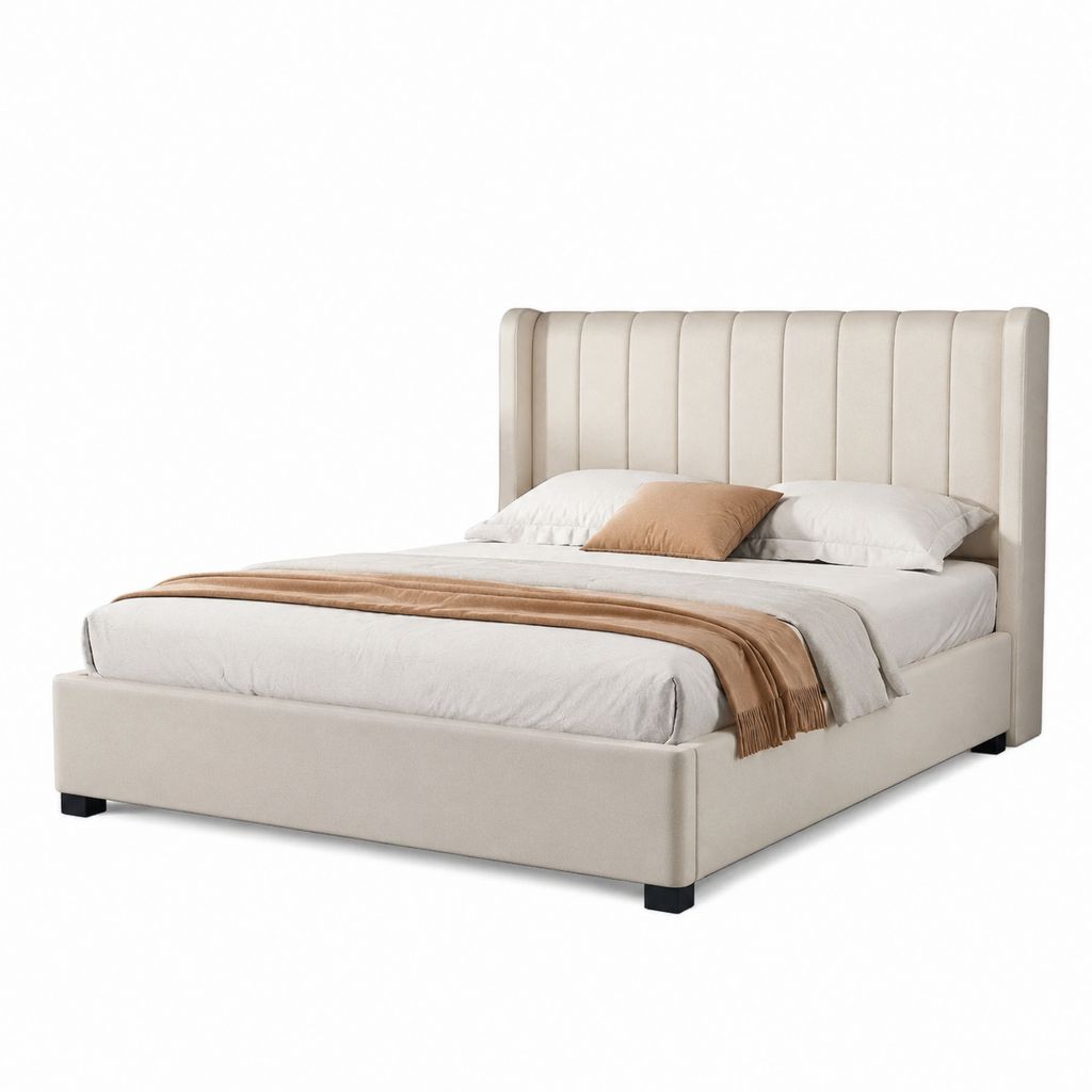 Lit coffre 160 x 200 cm beige en polyester avec tête de lit capitonnée rectangulaire