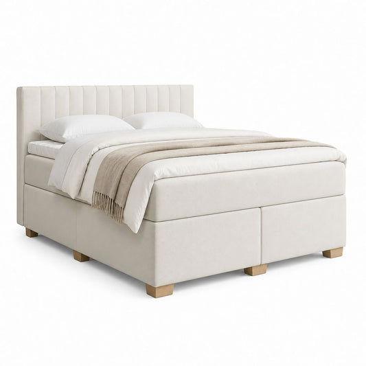 Lit coffre capitonné beige en polyester 160 x 200 cm avec tête de lit