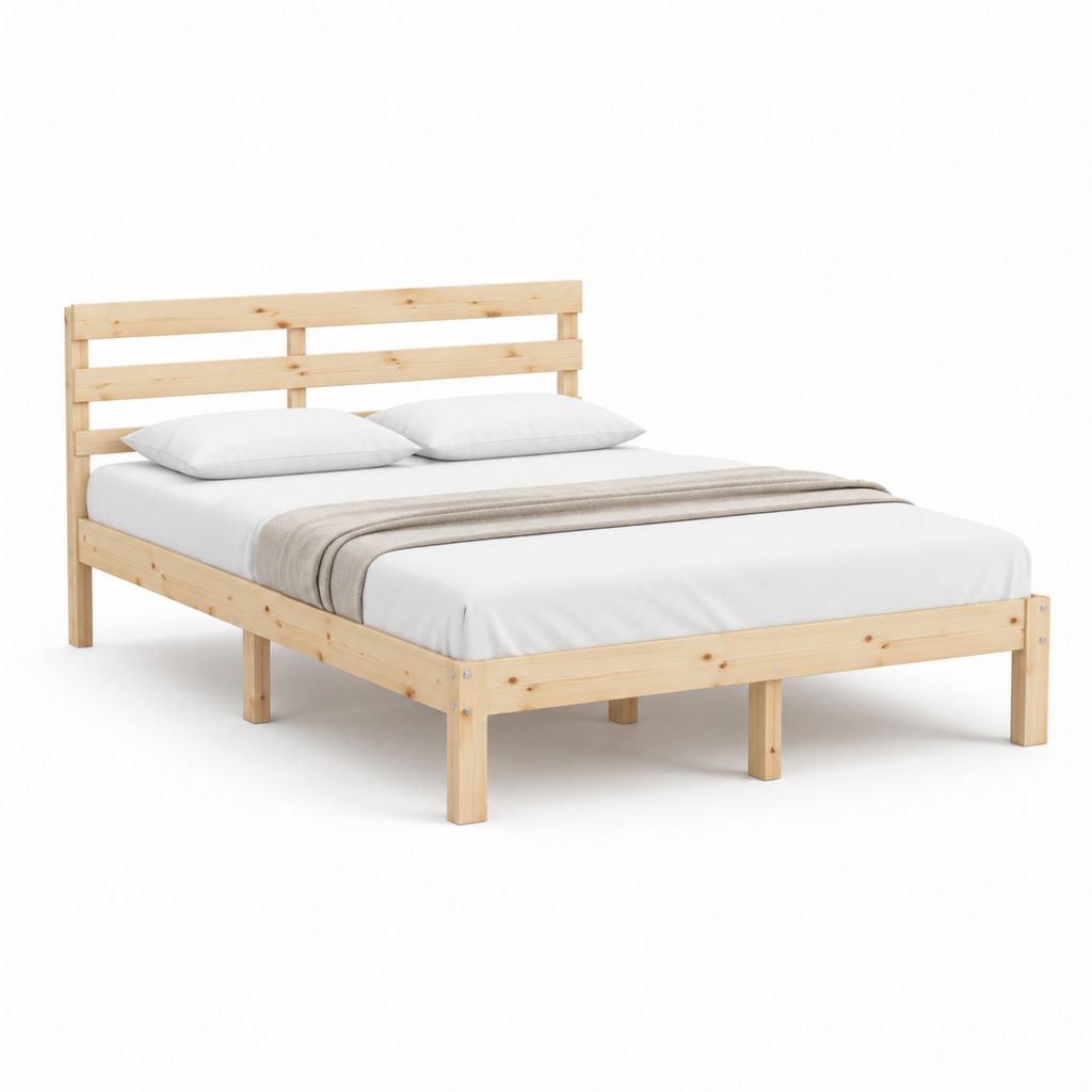 Cadre de lit double en pin massif naturel 160 x 200 cm avec tête de lit